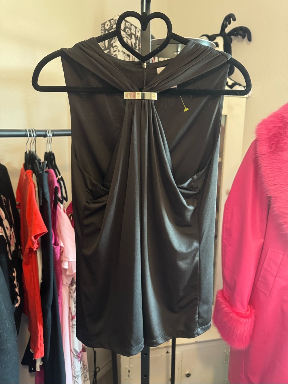 Cache Black Sleeveless Draped Halter Top with Silver Accent